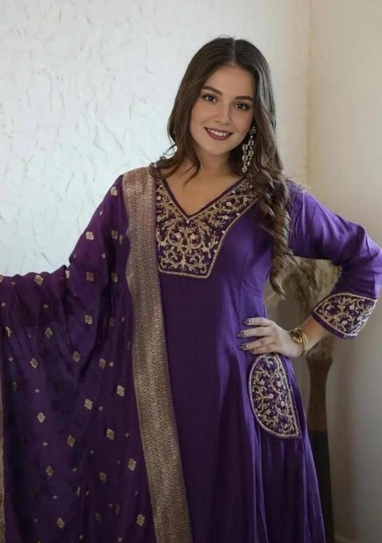 Purple Embroidery Work Cotton Anarkali Set - Indya