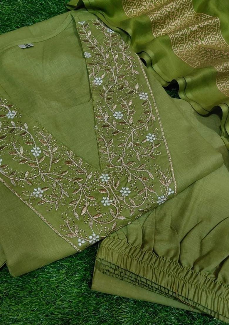 Green Embroidery Work Cotton Anarkali Set - Indya