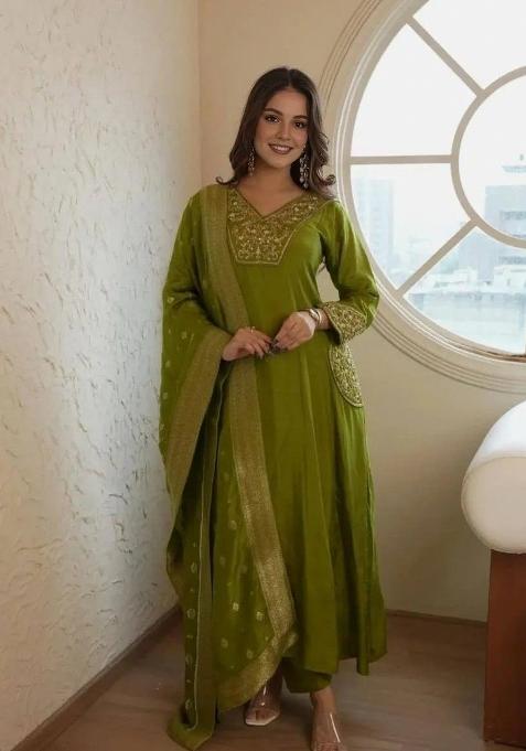 Green Embroidery Work Cotton Anarkali Set