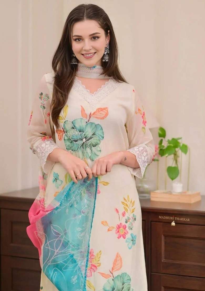 White Floral Print Organza Straight Kurta Set - Indya