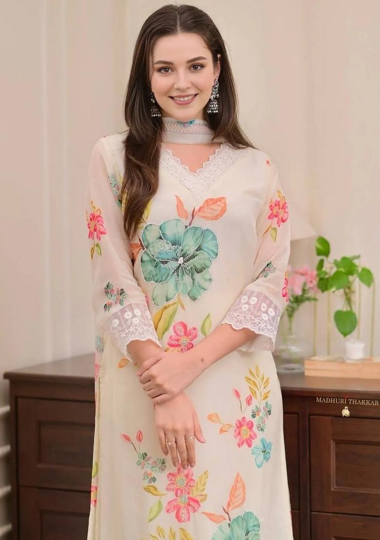 White Print And Embroidery Orgenza Straight Kurta Set - Indya