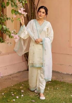 White Embroidery Work Chanderi Kurta Set