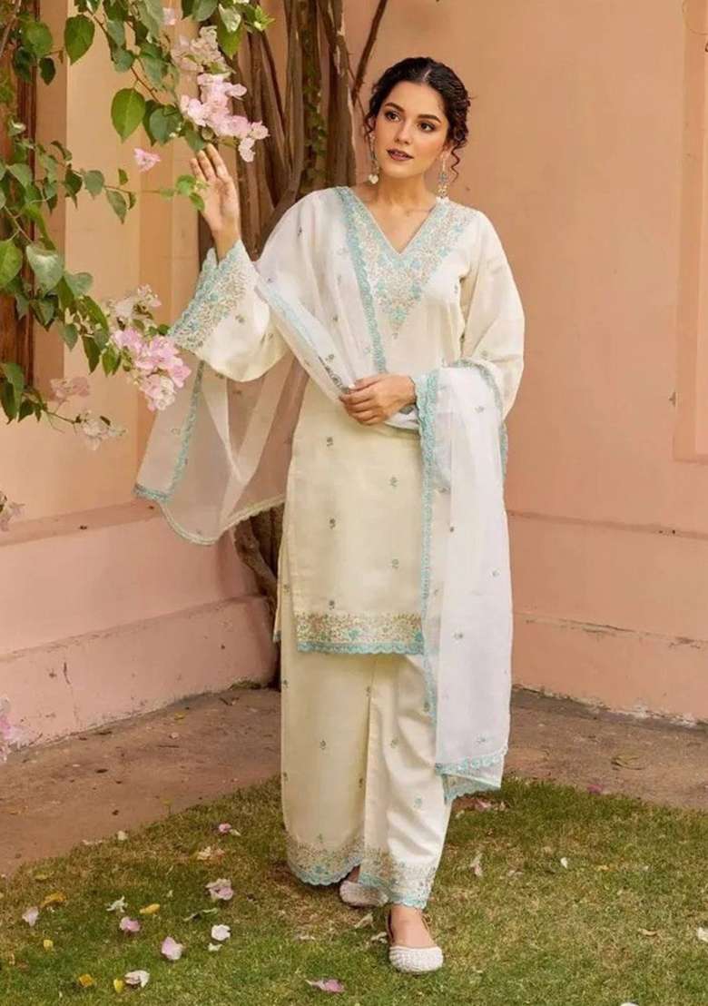 White Embroidered Chanderi Straight Kurta Set - Indya