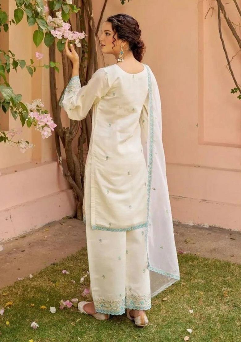 White Embroidery Work Chanderi Kurta Set - Indya