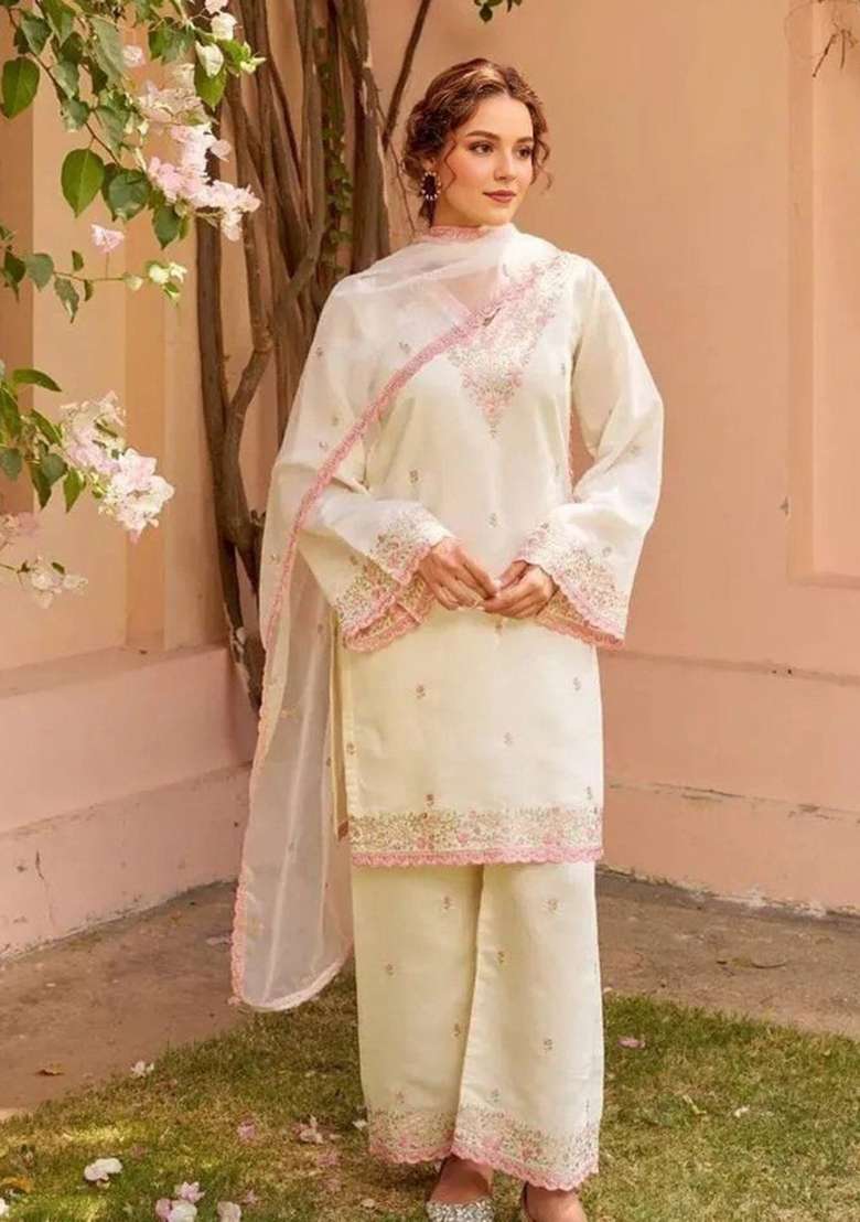 White Embroidered Chanderi Straight Kurta Set - Indya