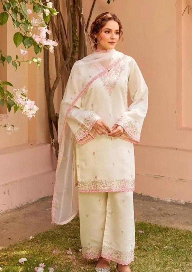 White Embroidery Work Chanderi Kurta Set - Indya