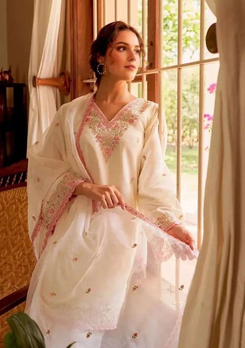 White Embroidered Chanderi Straight Kurta Set - Indya