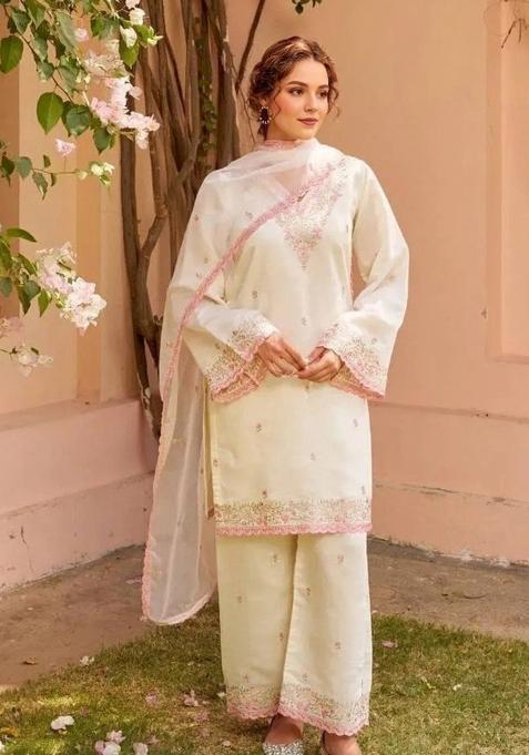 White Embroidery Work Chanderi Kurta Set