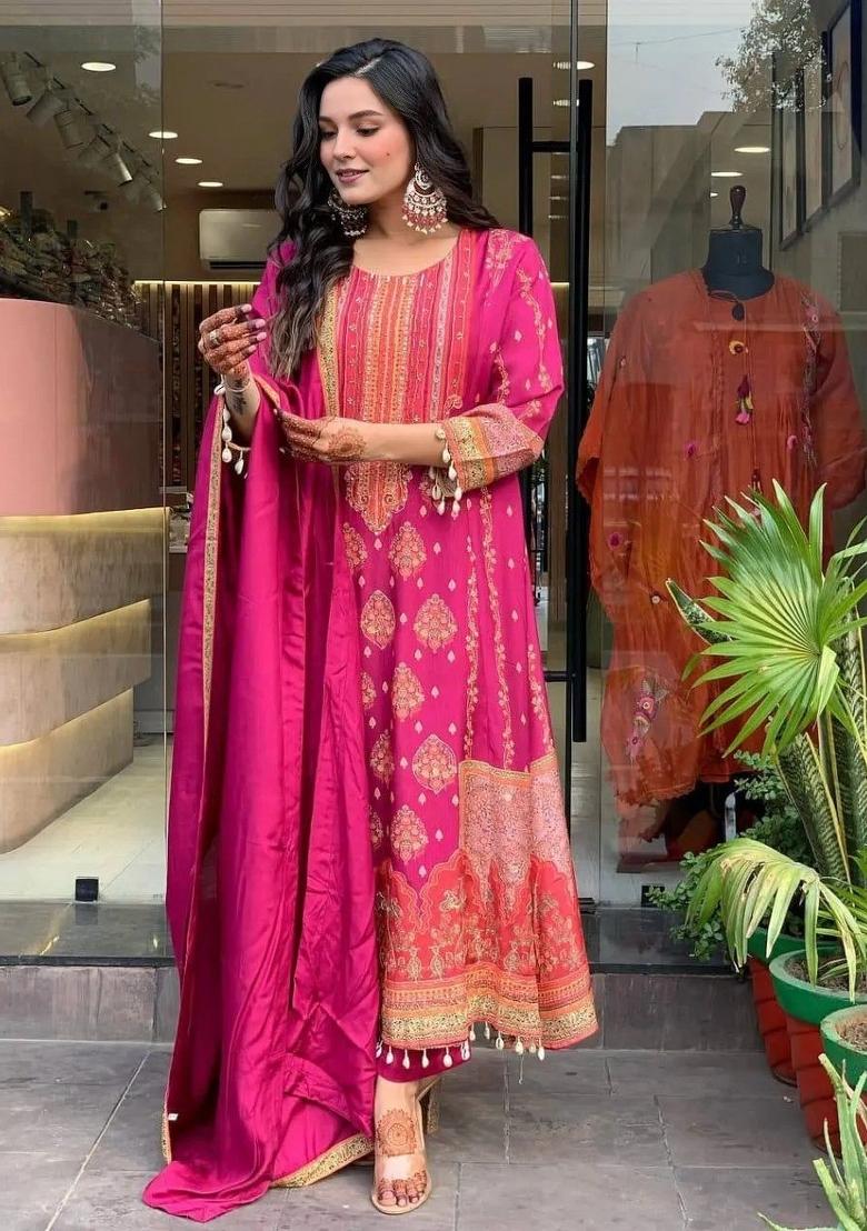 Pink Printed Silk Anarkali Set - Indya