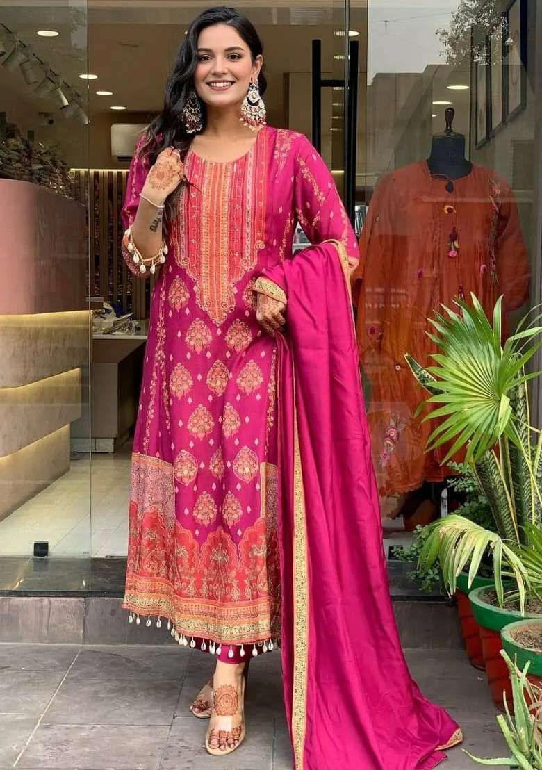 Pink Printed Silk Blend Pakistani Suit Set - Indya