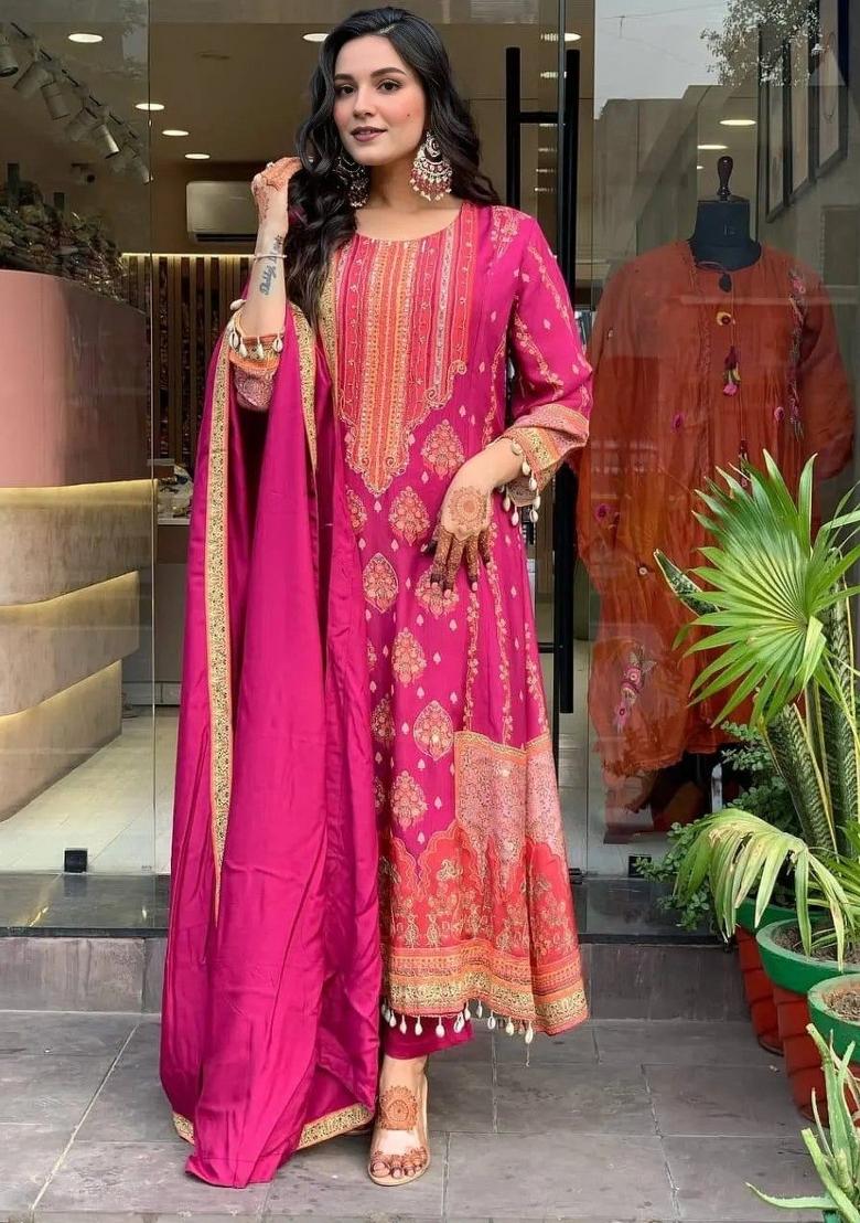 Pink Printed Silk Anarkali Set - Indya
