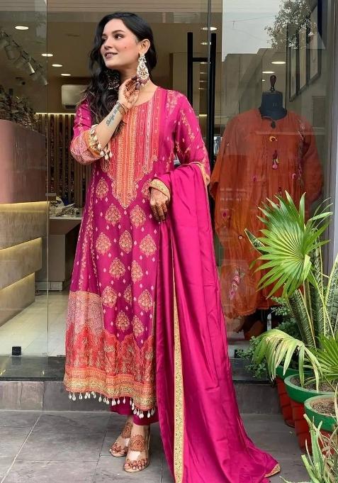Pink Printed Silk Kurta Set