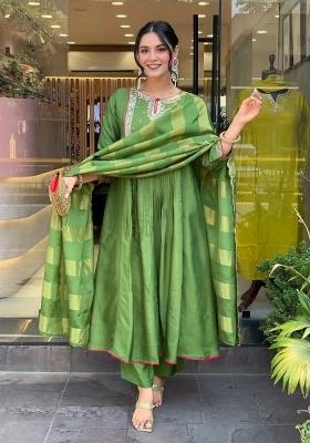 Green Sequence Work Mulmul Chanderi Kurta Set