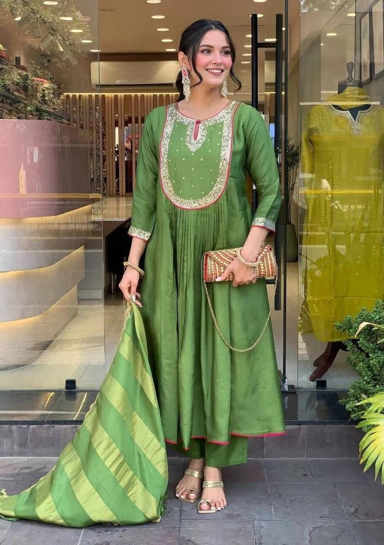 Green Sequence Work Mulmul Chanderi Anarkali Set - Indya