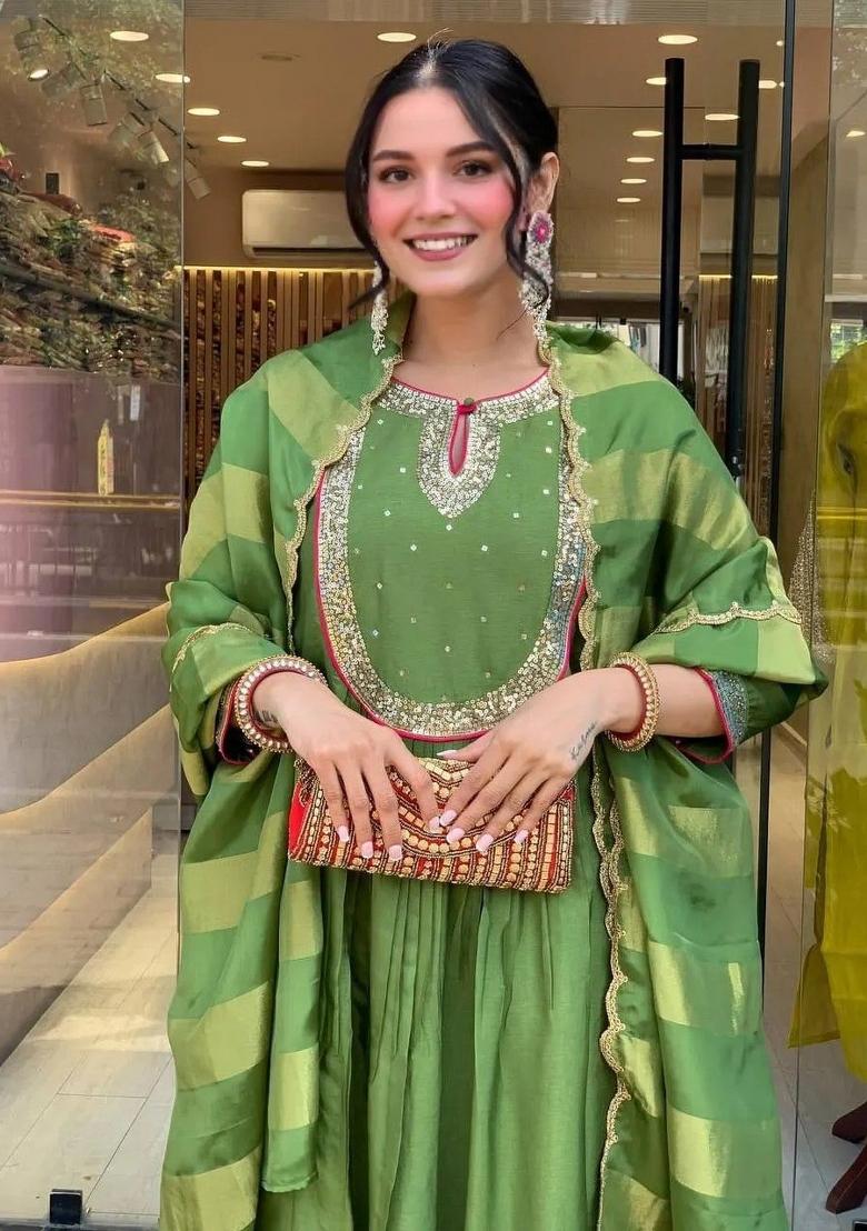 Green Sequence Work Mulmul Chanderi Anarkali Set - Indya