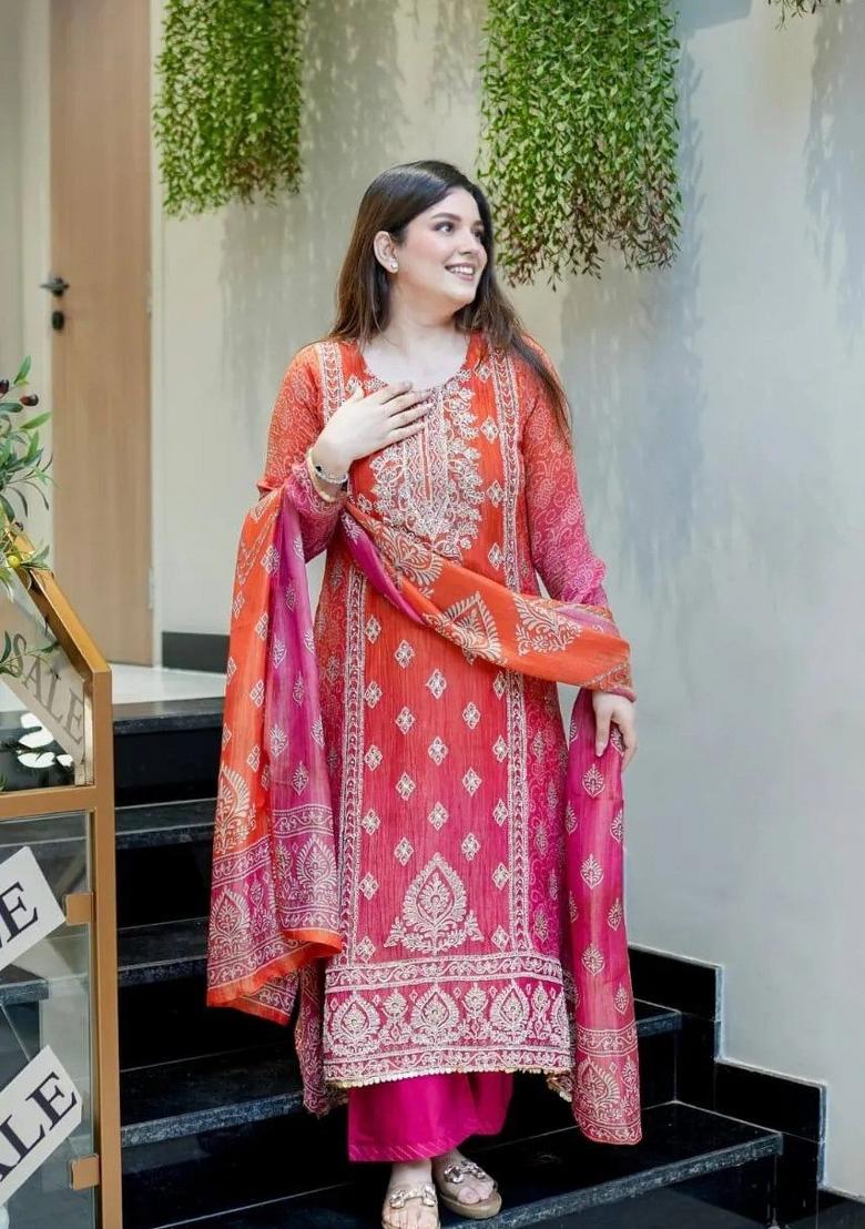Pink Embroidery Work Chinnon Straight Kurta Set - Indya