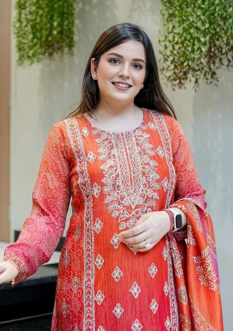 Pink Embroidery Work Chinnon Straight Kurta Set - Indya