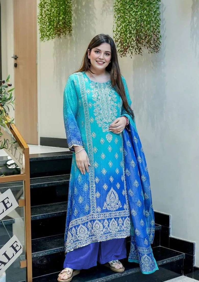 Blue Printed Chinon Pakistani Suit Set - Indya