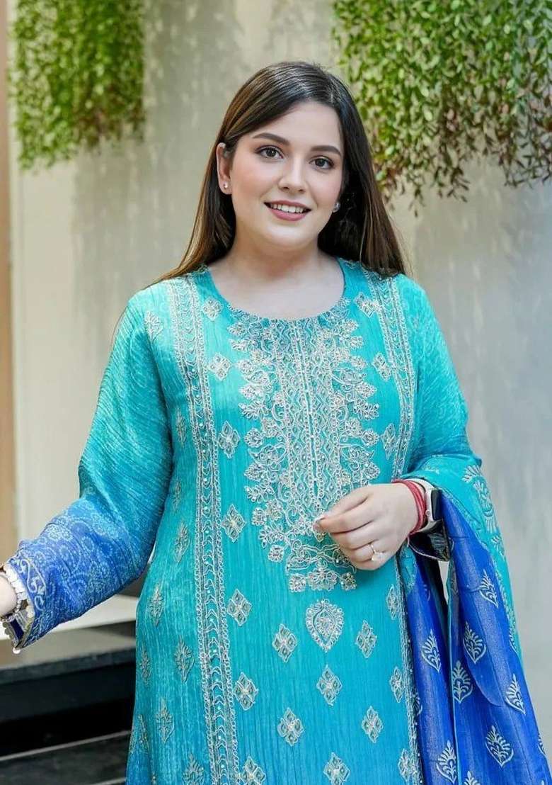 Blue Printed Chinon Pakistani Suit Set - Indya