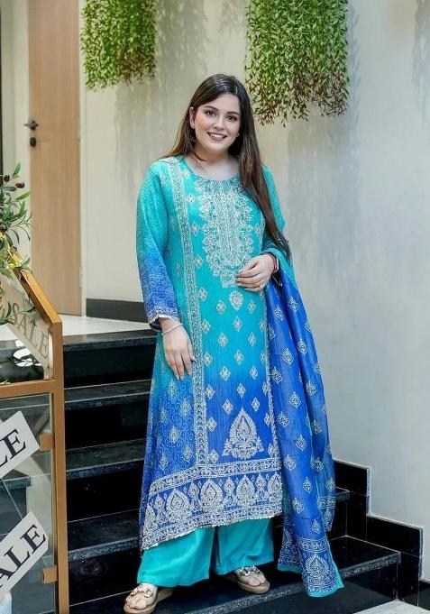 Blue Embroidery Work Chinnon Straight Kurta Set