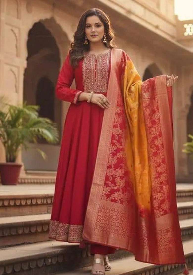 Red Embroidered Silk Blend Anarkali Set - Indya