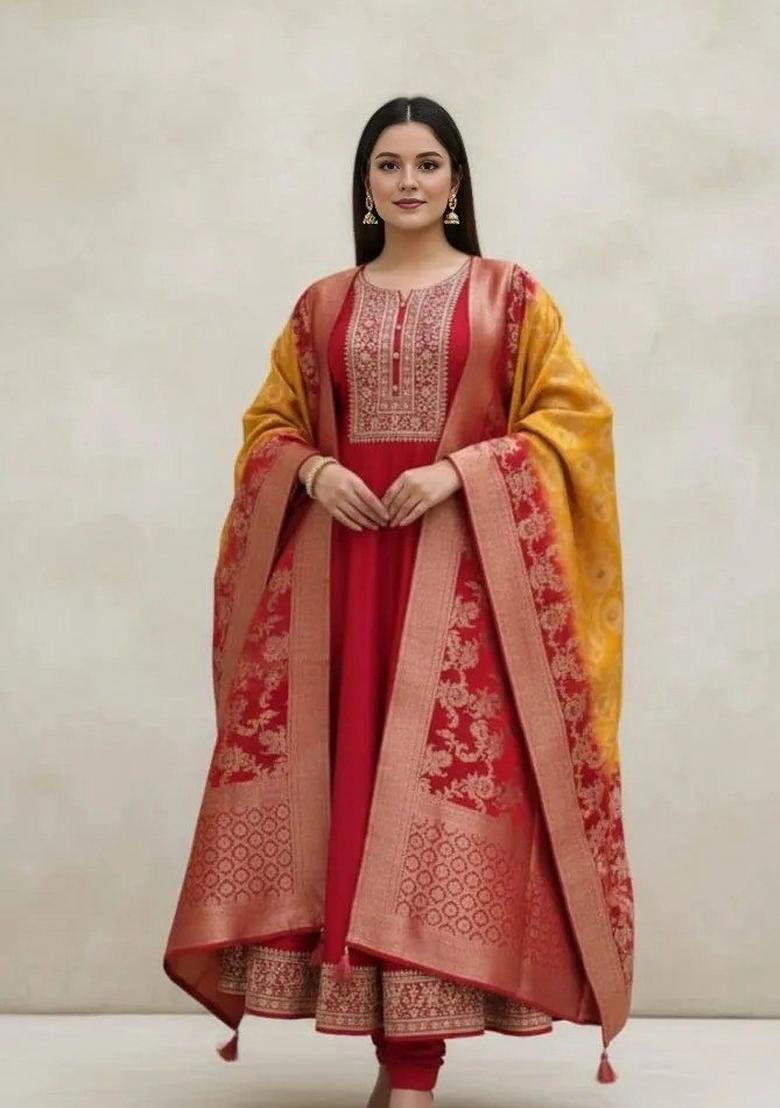 Red Embroidery Work Silk Anarkali Set - Indya