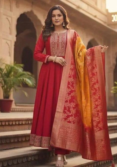 Red Embroidery Work Silk Anarkali Set