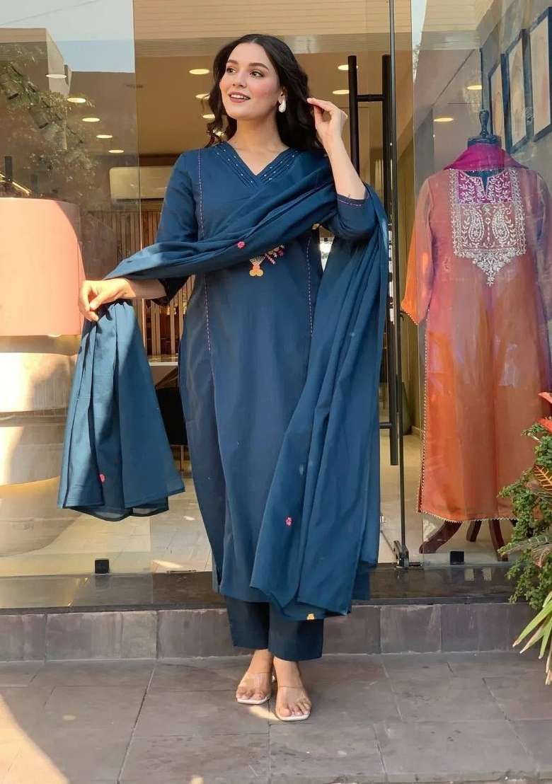 Blue Solid Cotton A Line Kurta Set - Indya