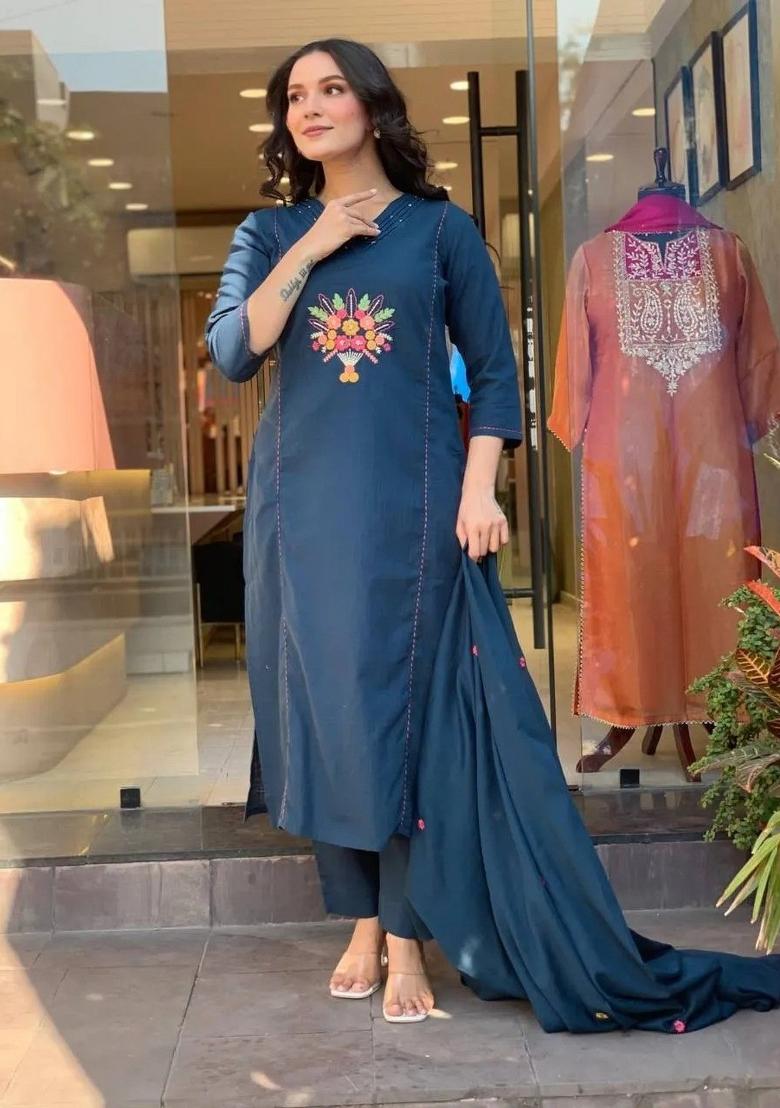 Blue Embroidery Work Cotton Straight Kurta Set - Indya