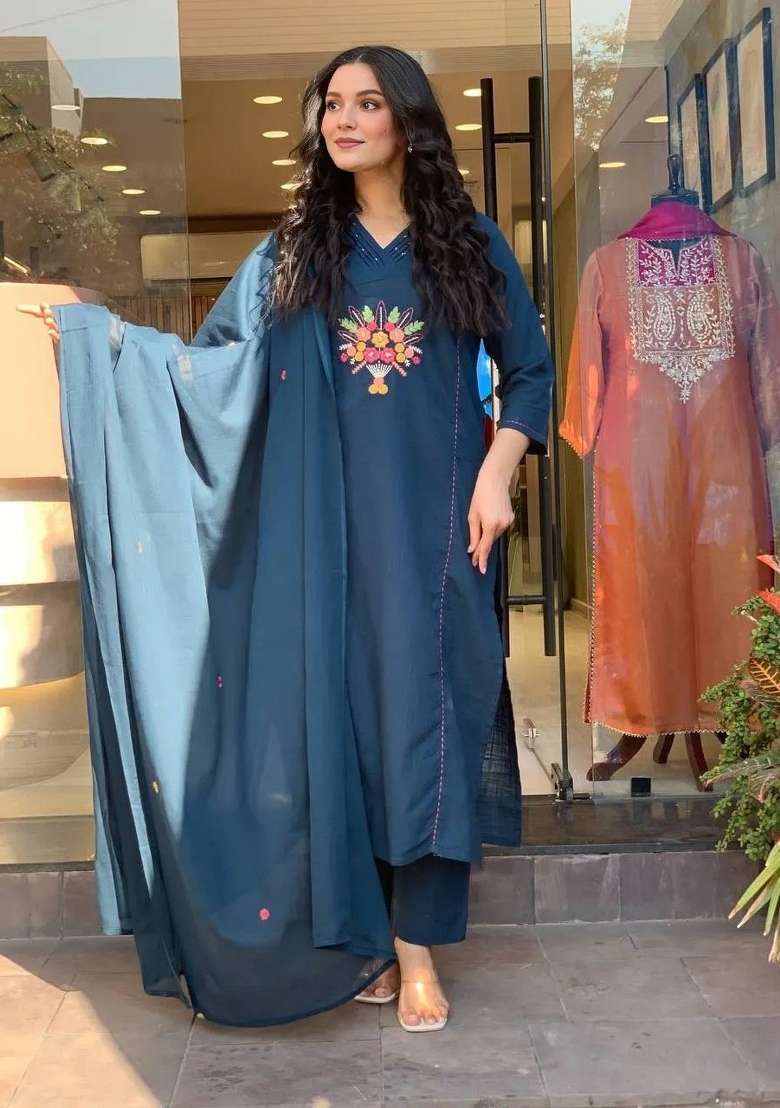 Blue Solid Cotton A Line Kurta Set - Indya