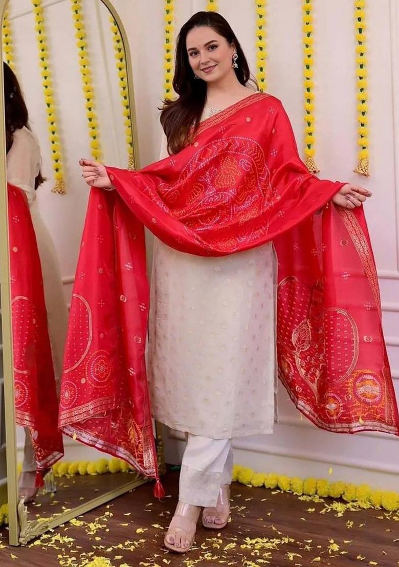 White Embroidery Work Silk Straight Kurta Set - Indya