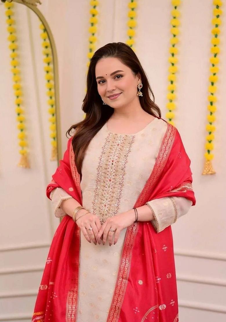 White Embroidery Work Silk Straight Kurta Set - Indya