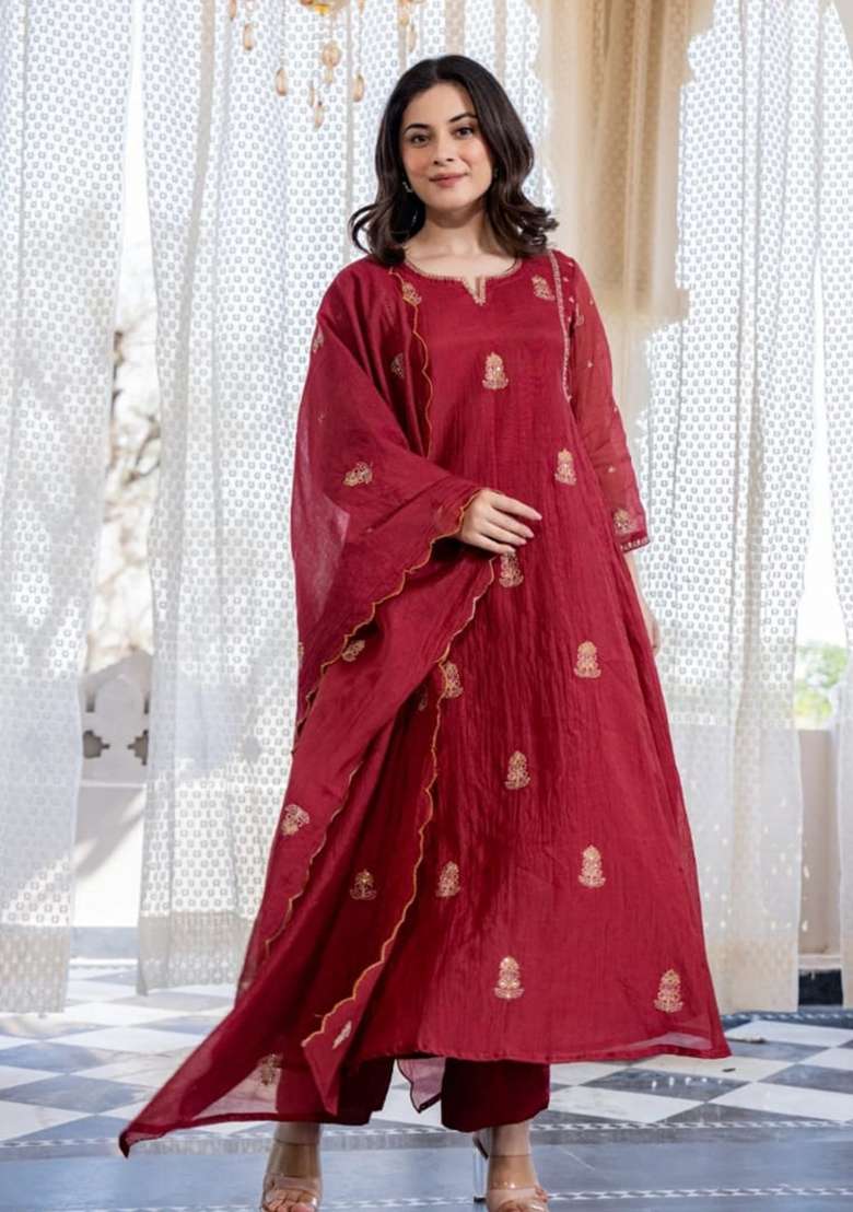 Red Embroidered Mulmul A Line Kurta Set - Indya