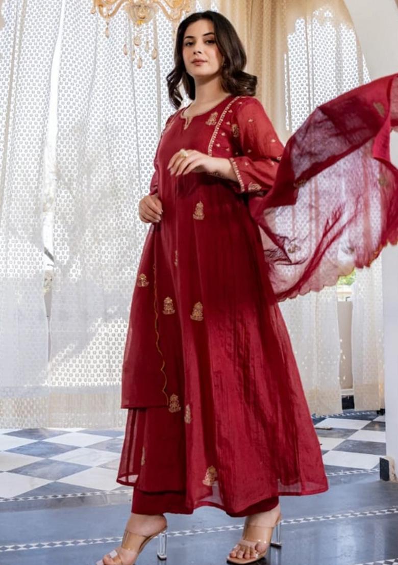 Red Embroidery Work Mulmul Chanderi Anarkali Set - Indya