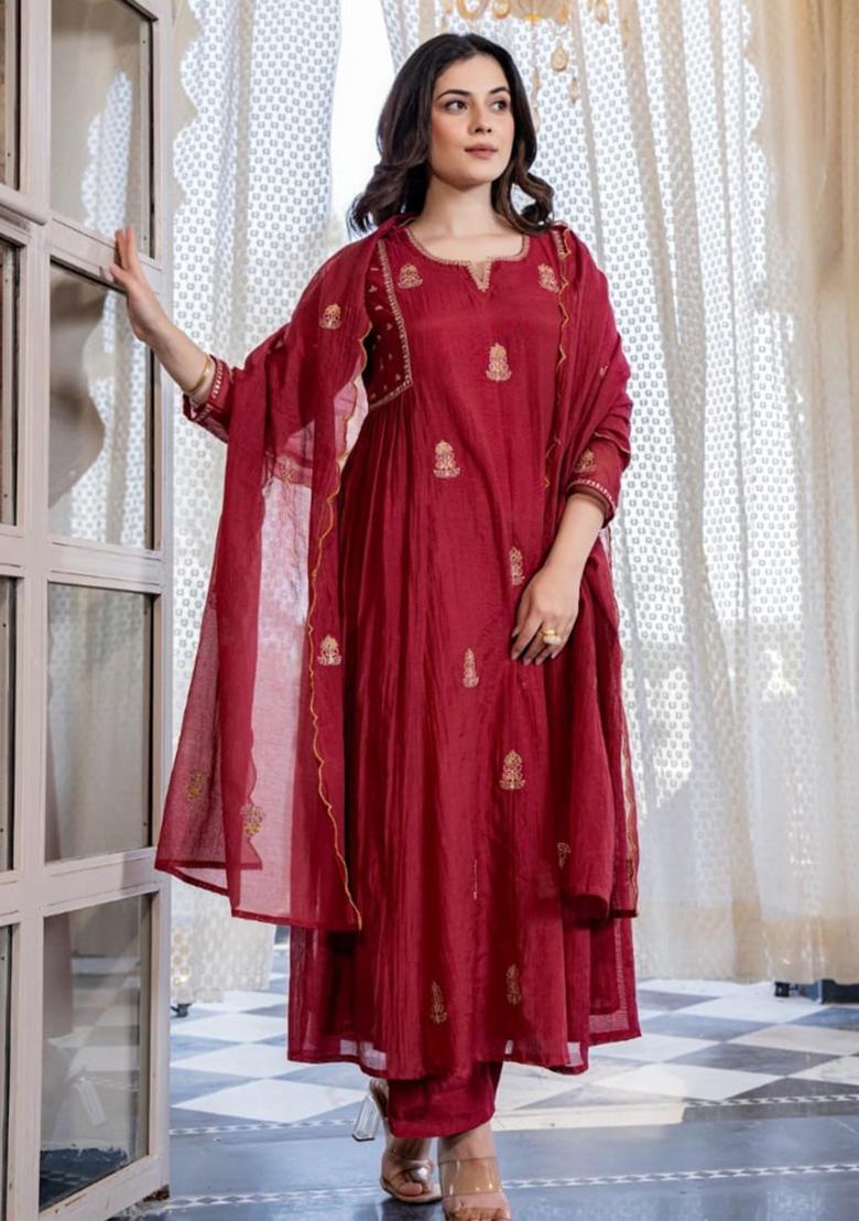 Red Embroidery Work Mulmul Chanderi Anarkali Set - Indya