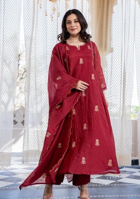 Red Embroidery Work Mulmul Chanderi Anarkali Set