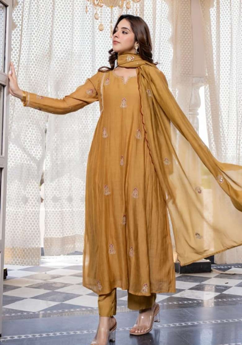 Yellow Embroidered Mulmul A Line Kurta Set - Indya