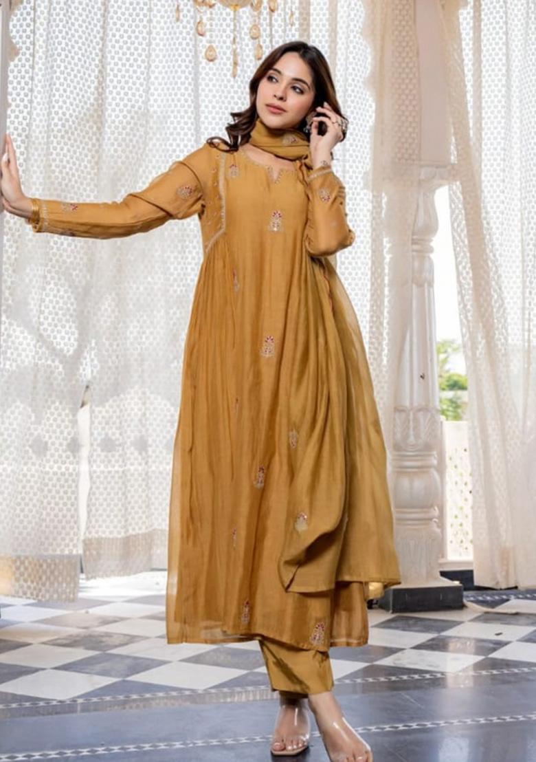 Yellow Embroidery Work Mulmul Chanderi Anarkali Set - Indya