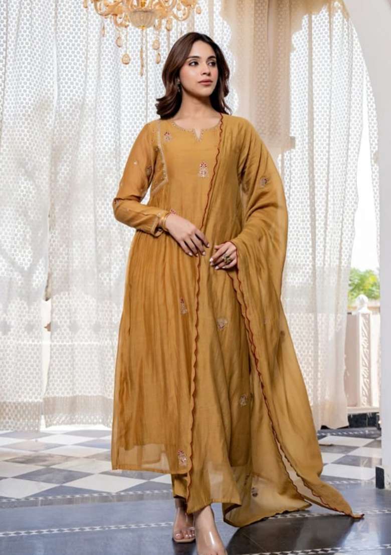 Yellow Embroidered Mulmul A Line Kurta Set - Indya