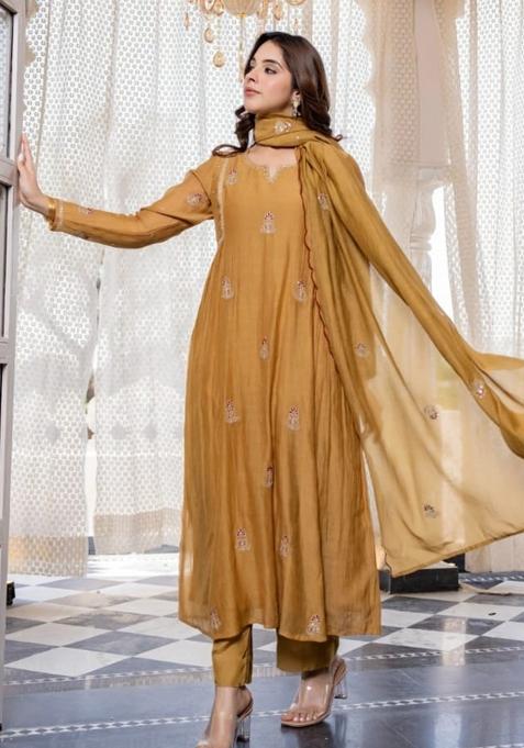 Yellow Embroidery Work Mulmul Chanderi Kurta Set