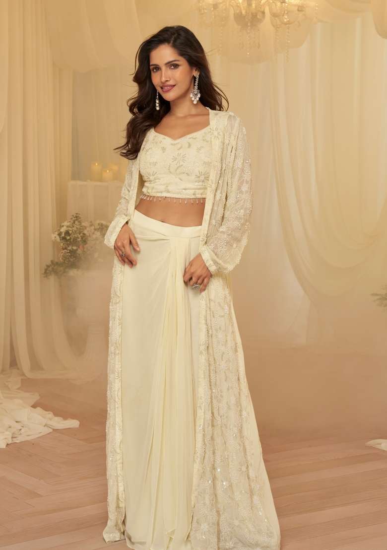 Off White Embroidered Georgette Co Ord Set for Diwali | Wedding & Festive Wear - Indya
