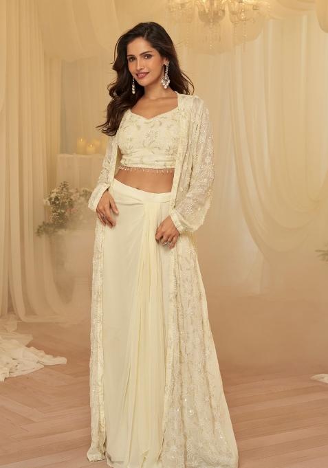 Off White Embroidered Georgette Indo Western Set