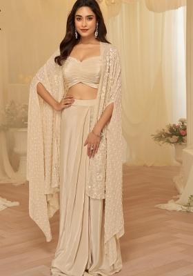 Beige Embroidered Georgette Indo Western Set
