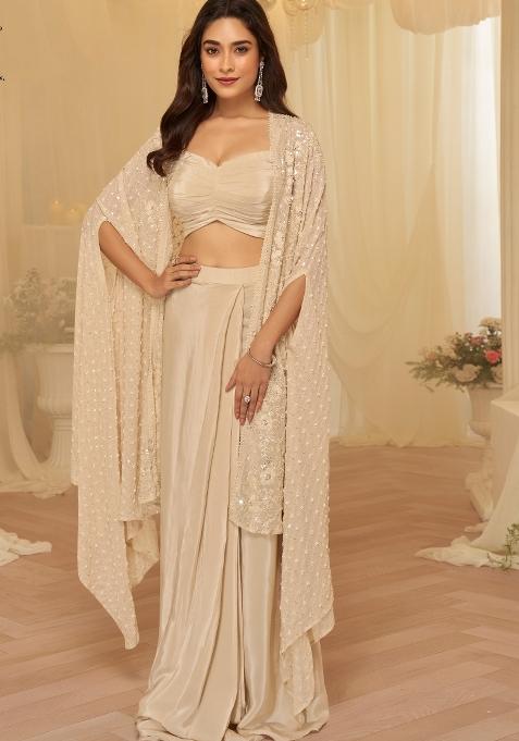 Beige Embroidered Georgette Indo Western Set