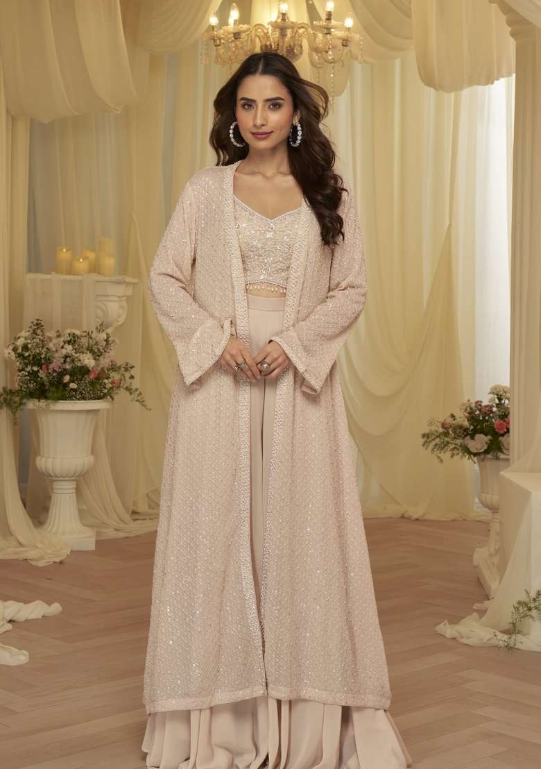 Pink Embroidered Georgette Co Ord Set for Diwali and Festive Wear - Indya