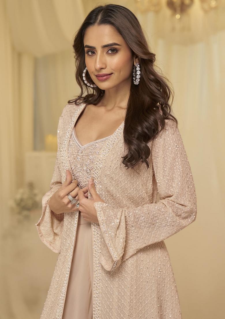 Pink Embroidered Georgette Indo Western Set - Indya