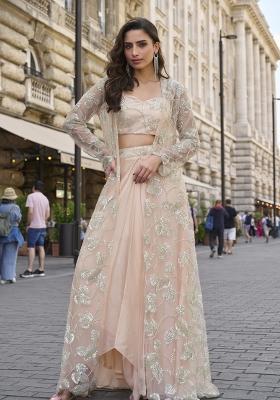 Peach Embroidered Creap Silk Indo Western Set
