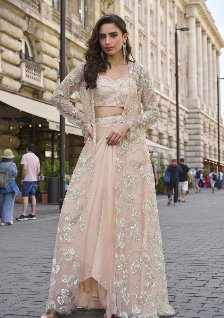 Peach Embroidered Silk Blend Co Ord Set for Diwali | Wedding & Festive Wear - Indya