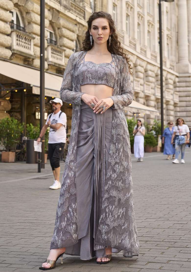Grey Embroidered Silk Blend Co Ord Set for Diwali | Wedding & Festive Wear - Indya