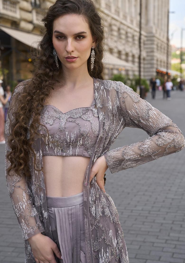 Grey Embroidered Creap Silk Indo Western Set - Indya